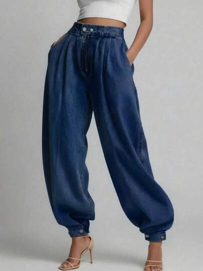 Pantalones vaqueros anchos y sueltos con pliegues y puños para mujer, para primavera/otoño