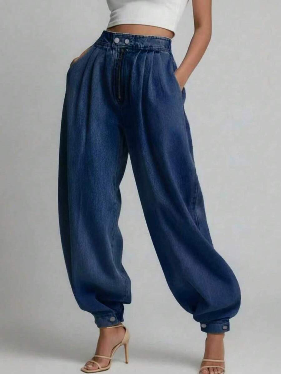 女士休闲宽松阔腿褶皱卷边薄款牛仔裤，春秋 - 深藍 - 查看 1