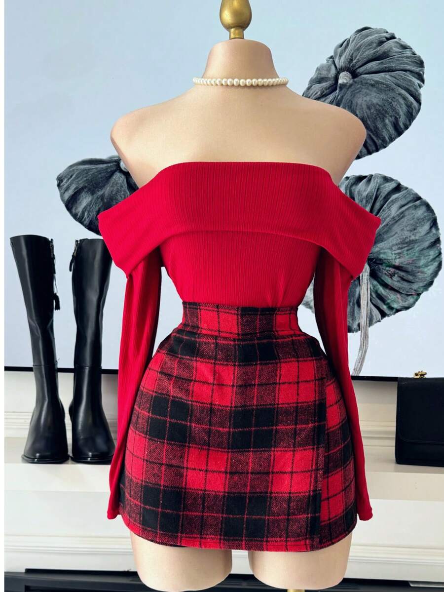 CONJUNTO CUADROS TELA FRANELA CON BLUSA HOMBROS DESCUBIERTOS PARA MUJER - Rojo - Ver 1