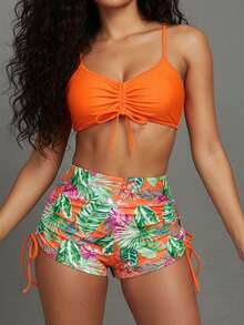 2pcs/Set Leaf & Tropical Print Backless Tie-Front Bikini, Bohemian Style Beach Swimwear, Summer - Orange - View 3