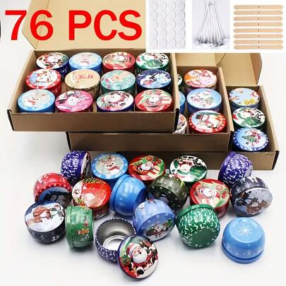 76pcs Christmas Themed Round Candle Jars With Wick Stickers, 2.5oz Cast Iron Candle Holders - DIY Candle Making, Home Decor, Storage Containers - Ideal For Crafters And Home Decor Enthusiasts - Great Housewarming And Birthday Gift, Also Suitable For Easter, Thanksgiving And Christmas, Includes 16 Empty Candle Jars, 16 Wick Holders, 24 Wicks And 20 Stickers.