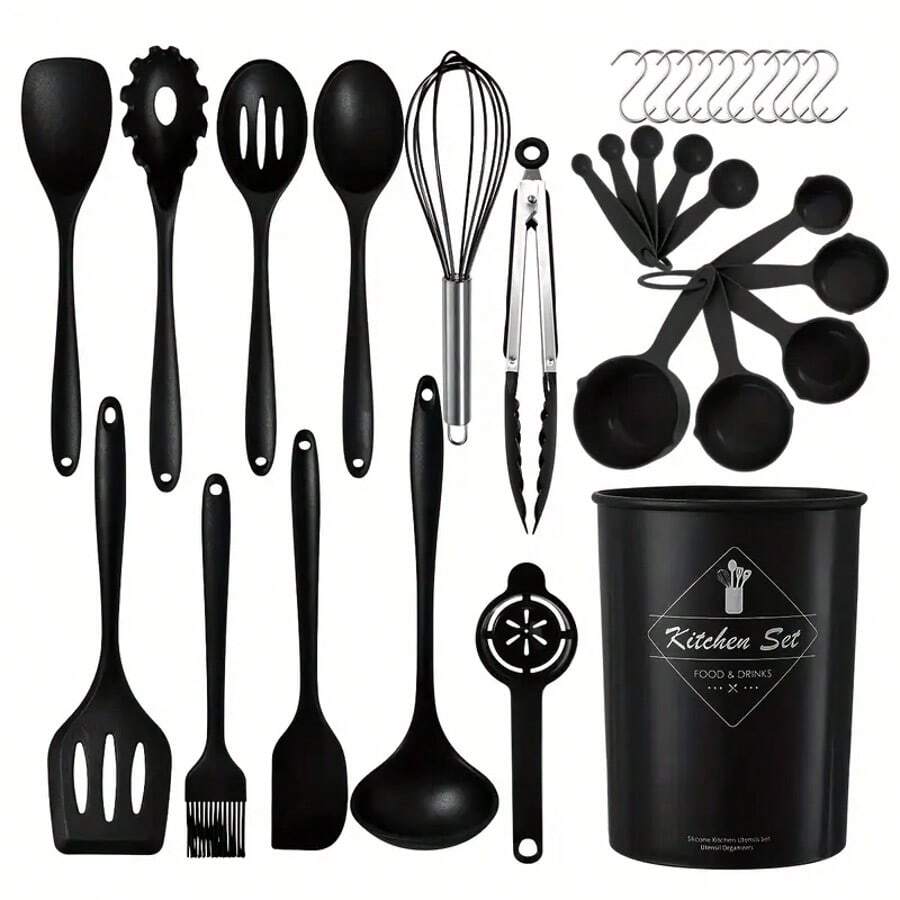 32-Piece All-In-One Silicone Kitchen Utensils Set With Non-Stick Pot, Silicone Spatula, Soup Spoon, Measuring Cup, And Cooking Tool Set - Black - View 1