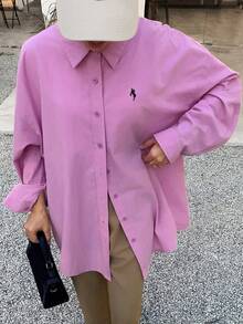 DAZY Neue, locker sitzende, lässige Damen Bluse mit gesticktem Logo Dekor für Herbst/Winter, bescheidene Mode, Langarm - Pink - Übersicht 1