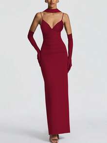 Vestido largo ajustado de mujer con tirantes finos y escote en V, color liso, elegante y sexy, para fiesta, noche y boda - Burdeos - Ver 8