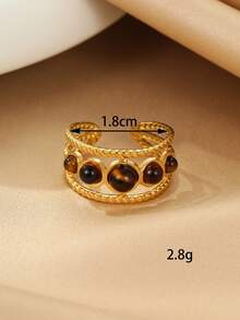 1pc Stainless Steel Golden Vintage Pressure-Opened Tiger Eye Stone Ring, Suitable For Women's Daily Wear Or Gift - Yellow Gold - View 2
