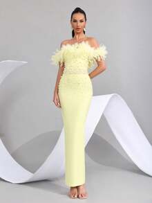 人造羽毛重点缀珍珠性感露肩露背紧身黑色绷带长裙，优雅女士婚礼宾客伴娘派对晚礼服 - 淡黃色 - 查看 1