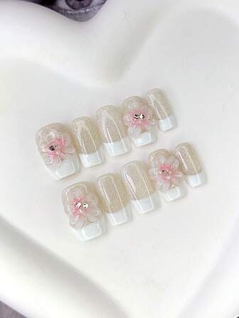 10pcs Square Press On Nails With Creamy White, Light Gold & Other Gentle Toned Bases, Sparkling Elements, 3D Pink Flower Decor (Rhinestone - Accented) & Exquisite Color - Block Design Shiny 100% Handmade Press On Acrylic Nails Reusable Nail Supplies For Women's Daily Or Party Wear