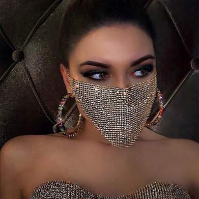 1 件水钻面具，用于面部装饰。适合女性角色扮演肚皮舞饰品。硬币面纱。万圣节舞蹈配饰。游戏配件。闪亮水钻网状面具。