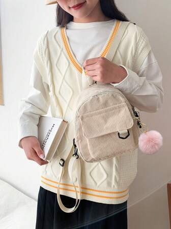 时尚迷你灯芯绒纯色背包，配有毛绒挂件和可调节肩带 - 拉链封口，便携日常包，前置口袋可放置手机/钥匙 - 适合上学、旅行、休闲外出 - 男女通用背包