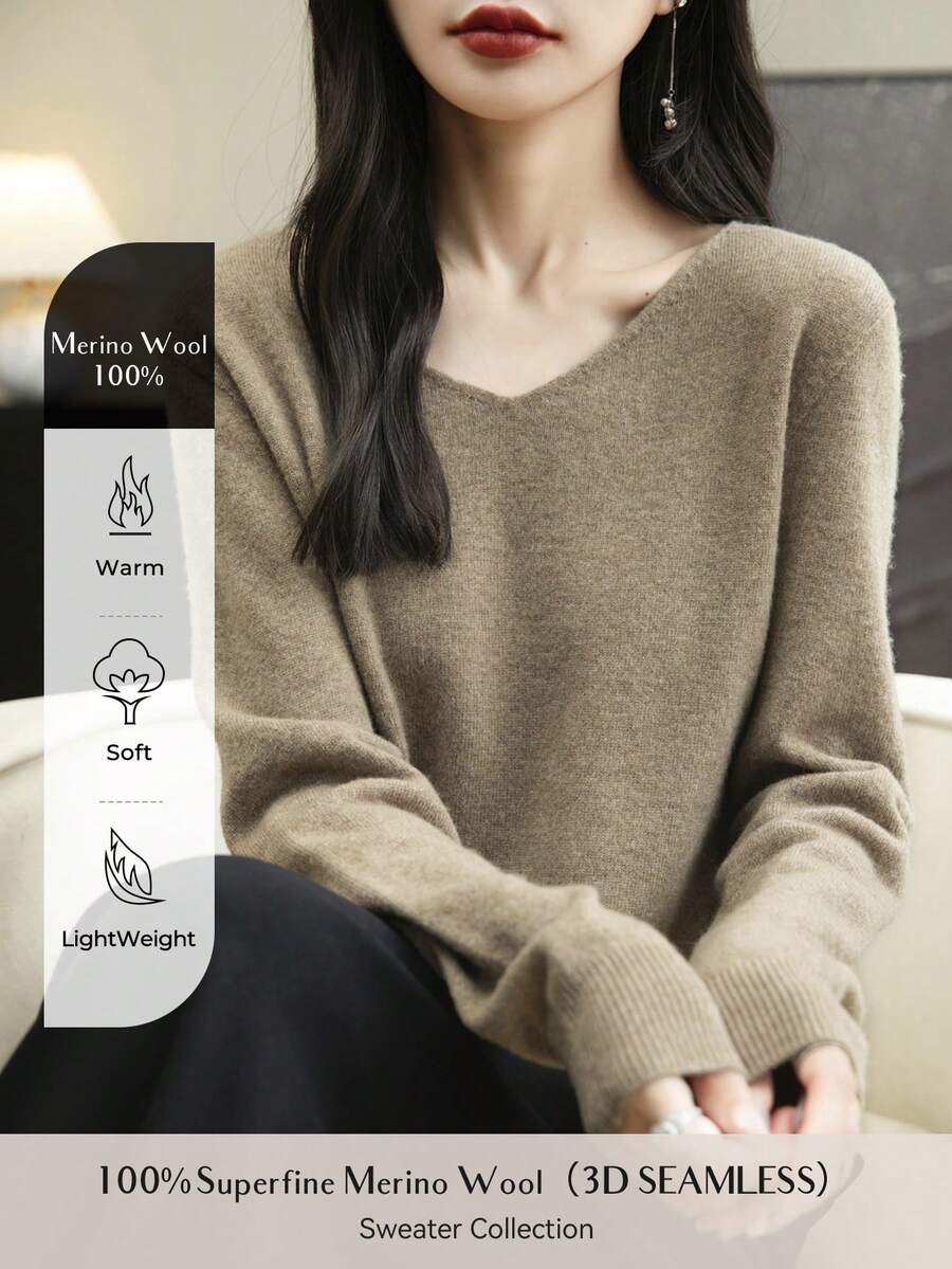女士100%美利奴羊毛无缝针织衫，V领，柔软针织长袖套头衫，适合秋冬季穿着