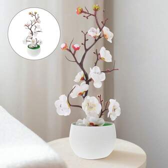 1 paquete de flor de ciruelo artificial en maceta, flor de ciruelo artificial con jarrón, flores artificiales en maceta para decoración, ramas de flor de ciruelo artificial realista, arreglo de plantas artificiales en maceta similares a la vida real para decoración del hogar y la oficina