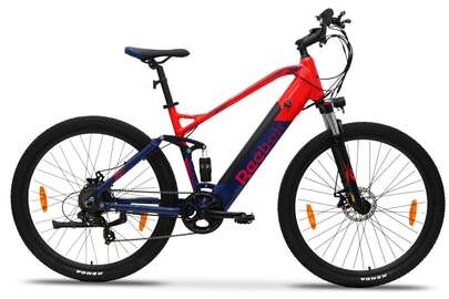  Reebok RK-FITMTBSP-BR Elektrisches Mountainbike, Alurahmen und 29-Zoll-Räder, E-Bike mit 70 km Reichweite, Scheibenbremsen und 7 Gängen, Doppelfederung, Blau und Rot