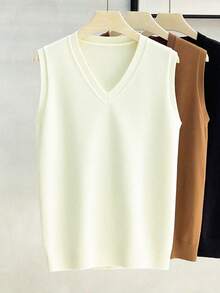 Men's V-Neck Knitted Sweater Vest, Solid Color, Classic Style, Slim Fit, Versatile, Fall/Winter, Long Sleeve Top - Apricot - View 5