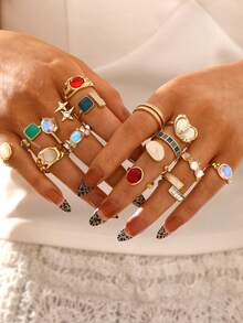 20/6pcs Vintage Delicate Bohemian Minimalist Style Gold Stackable Rings Set, Includes Flower, Bow, Asymmetrical Pearl, Twist, Heart, Rhinestone, Moon, Star, Cross, Cat Eye Stone Designs, Suitable For Women, Holidays, Parties, Dates, Daily Wear, Gift (Random Assortment) - Gold - View 4