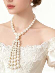 蝴蝶结双层人造珍珠项链 - 优雅高端社交名媛风格，带有装饰和流苏细节，适合日常穿着和派对，全年女士时尚珠宝，优雅项链，派对配饰，奢华设计 - 珍珠項鍊 - 查看 7