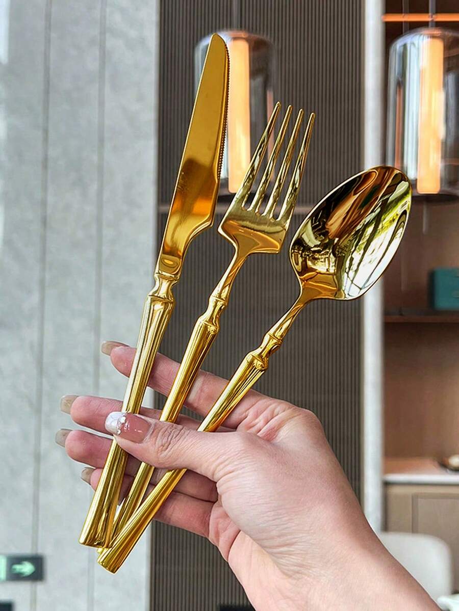 3pcs/15pcs/30pcs Slim Waist Design Stainless Steel Cutlery Set, Steak Knife Fork Spoon Suitable For Kitchen Restaurant Wedding Party Holiday Gift - Gold - View 1