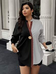 Plus Size Summer Colorblock Striped Metal Button V-Neck Casual Elegant Blouse For Women, Suitable For Daily, Outing, Commuting - Multicolor - View 1