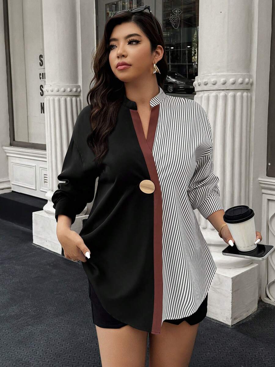 Plus Size Summer Colorblock Striped Metal Button V-Neck Casual Elegant Blouse For Women, Suitable For Daily, Outing, Commuting - Multicolor - View 1