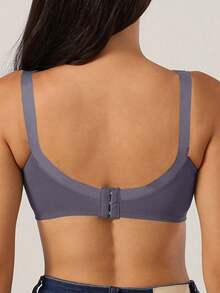 1 件女士全覆盖纯色蕾丝无钢圈胸垫文胸，性感支撑透气薄款文胸 - 藏蓝色 - 查看 6