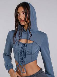 TypaGal 秋冬季现代狂野时尚新年派对复古优雅性感街头简约镂空前摆高低摆卫衣，长袖上衣 - 藏蓝色 - 查看 2