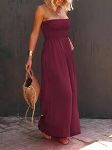 Womens Strapless Smocked Wide Leg Jumpsuit Sleeveless Casual Summer Chiffon Romper With Pockets - 酒紅色 - 查看 2