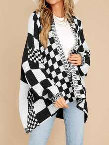 Womens Checkered Color Block Plaid Cardigan Oversized Knit Sweater Open Front Long Sleeve Coat - 黑與白 - 查看 3