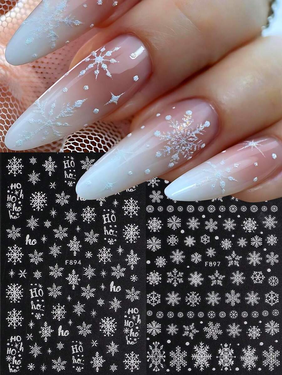 2片装闪亮白色雪花圣诞美甲贴纸，冬季雪景HOHO字母糖粉雪花美甲贴，圣诞新年美甲设计装饰，美甲用品 - 彩色 - 查看 1