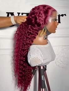 36 Inch Deep Wave Burgundy Wig Human Hair Real 250% Density 13x6 HD Deep Wave Lace Front Wigs Human Hair Glueless 99j Burgundy Curly Lace Front Wigs Human Hair For Women Pre Plucked 13x4 Red Wine Colored Human Hair Wigs With Baby Hair - S99J - 查看 1