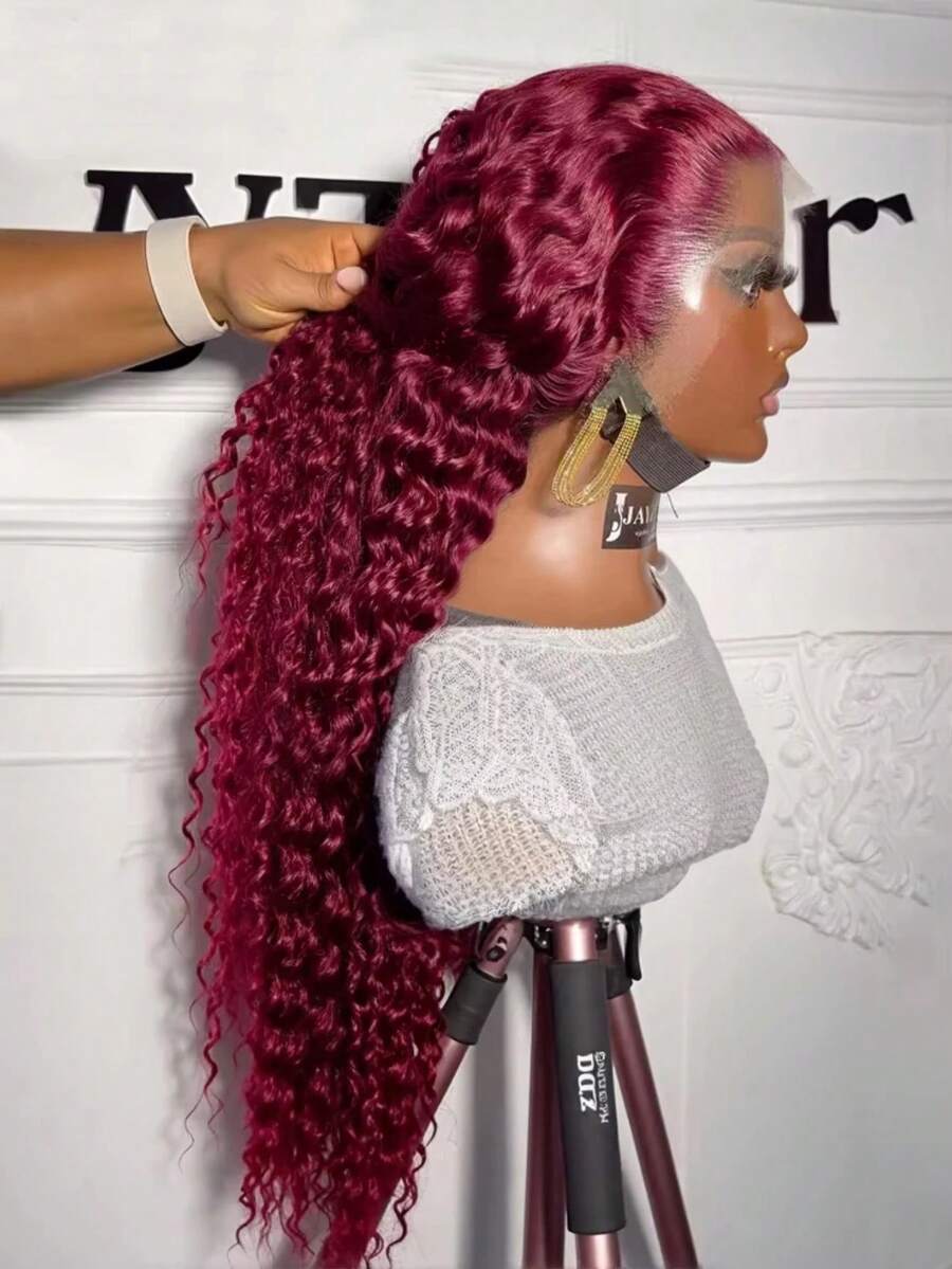 36 Inch Deep Wave Burgundy Wig Human Hair Real 250% Density 13x6 HD Deep Wave Lace Front Wigs Human Hair Glueless 99j Burgundy Curly Lace Front Wigs Human Hair For Women Pre Plucked 13x4 Red Wine Colored Human Hair Wigs With Baby Hair - S99J - 查看 1
