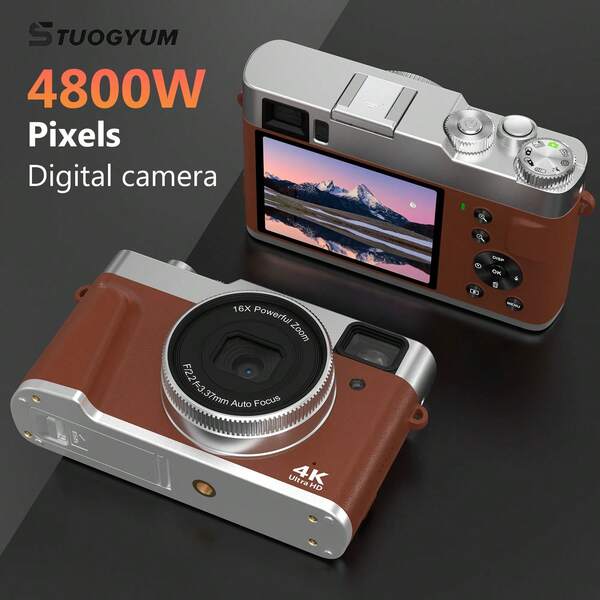 STUOGYUM Cámara digital STUOGYUM 4K, cámara para vlogging de 48MP, zoom digital 16X, enfoque automático, cámara de video antivibración con visor, flash y webcam para vlog y transmisión en vivo, pantalla grande de 2.8 pulgadas, cámara fotográfica de viaje para selfies DC202 con tarjeta de 32G y una batería grande de 1050mAH, cámara profesional para el hogar adecuada como regalo. (Negro/Marrón)