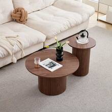 Set di 2 tavolini da caffè rotondi impilabili in stile tamburo per soggiorno, camera da letto, balcone, ufficio, stile moderno di metà secolo, con venature del legno marrone