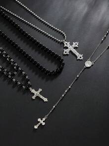 4pcs/Set Bohemian Style Faux Pearl Beaded Geometric Chain Cross Tassel Pendant Y-Necklace, Elegant Luxury Vacation Party, Casual Daily, Street Style, Wedding, Couples, Birthday, Versatile Charm Jewelry Gift For Women - Necklace - View 7