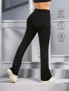 高腰修身喇叭瑜伽裤，带口袋，女士休闲运动长裤 - 黑色 - 查看 4