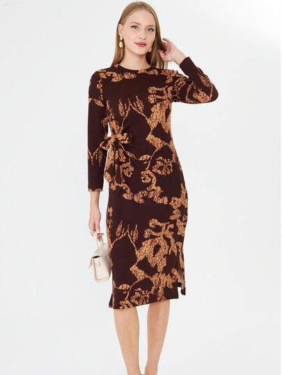 Women's Graphic Print Round Neck Long Sleeve Side Knot Fitted Elegant Dress
