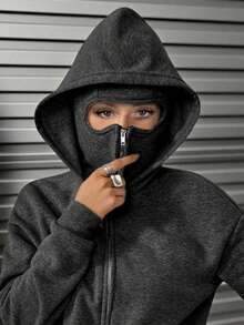 Áo nỉ nữ dáng rộng có túi khóa kéo và khẩu trang, thích hợp cho mùa thu/đông, Halloween, Giáng sinh và các dịp khác, thời trang đa năng, áo nỉ có mũ nữ phong cách thường ngày, thích hợp cho kỳ nghỉ. - Màu xám đen - Xem 2