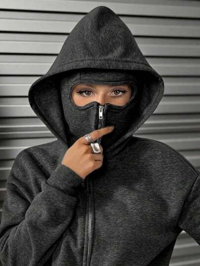 Women's Oversized Fit Zip-Up Pocket Sweatshirt With Face Covering, Autumn/Fall, Winter, Halloween, Christmas, Going Out Tops For Women, Chic, Sweatshirt For Women