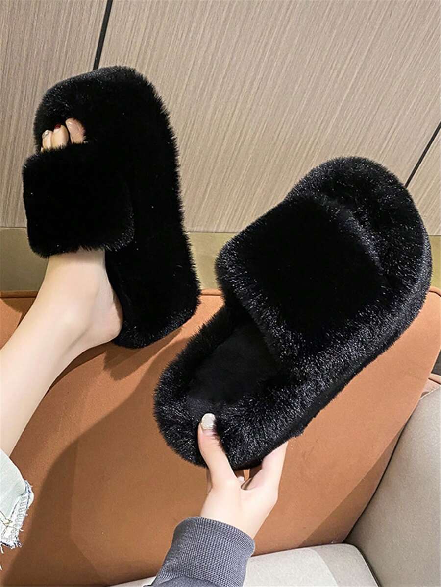 Women's Fashion Platform Slippers, Autumn/Winter New Thick Bottom Fluffy Slippers - Black - View 1