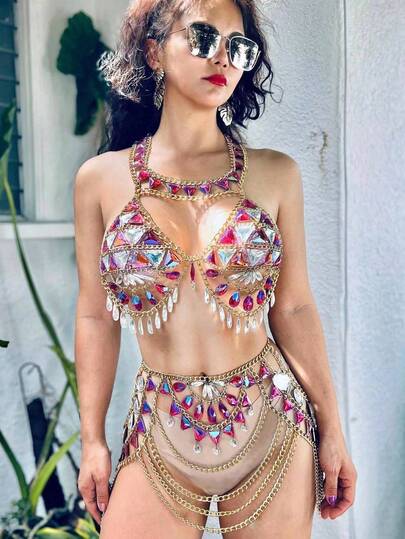 Nuevo conjunto de cadena de cintura y cadena corporal de borlas de acrílico hecho a mano, para mujeres