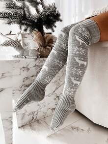 1双欧美圣诞雪花驯鹿针织过膝长袜，女士款，秋冬款 - 彩色 - 查看 7