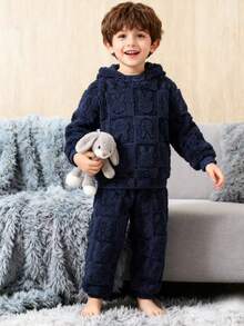 2pcs Young Boy Warm Fleece Lined Cute Bear Pattern Hoodie And Pants Set - Perfect For Autumn/Winter, Ideal For Outdoor Activities - 藏蓝色 - 查看 4