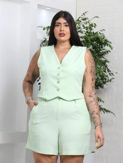 Conjunto Plus size blusa liso colete shorts Bermuda plus size g1 g2 g3 48 50 52 premium