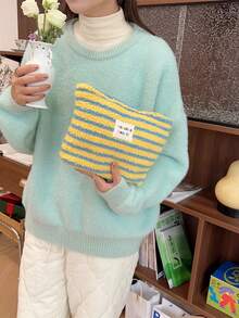 1个装毛绒保暖羊羔绒化妆包，横条纹防水，波浪点图案，女士化妆包，小巧收纳化妆盒，女士旅行包，铅笔盒，日常大容量化妆刷旅行洗漱包，化妆包，旅行必备，情人节礼物，房间装饰，钱包必备，女士化妆包，钱包必备物品，邮轮必备，设计师手提包，基础款，梳妆台必备，房间，可爱化妆包 - 黃色 - 查看 2