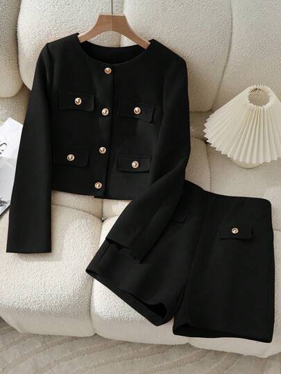 2pcs Women Blazer Jacket And Shorts Set, Solid Color Casual Elegant Office Wear With Faux Pockets