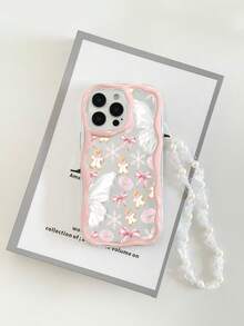 Cream Textured Wavy Edge Glossy Snowflake Gingerbread Man Lips Bow Painted Shockproof Phone Case With Chain Compatible With Iphone XR/7/8, 17/17 Pro/17 Pro Max/17 Air, 16/16 Pro/16 Plus/16 Pro Max, 15 Pro Max, 13, 14, 11, Galaxy S24, Galaxy S24+, Redmi Note 11/11 Lite - Multicolor - View 3