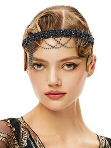 BABEYOND 1920s Flapper Headpiece Roaring 20s Headband Great Gatsby Headband Chain For Women Vintage Hair Accessory - 黑色 - 查看 4