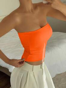 Vaiaye Women's Seamless Strapless Solid Color Elastic Fitted Tank Top, Fashionable Strapless Basic Camisole T-Shirt For Spring & Summer - Orange - View 9