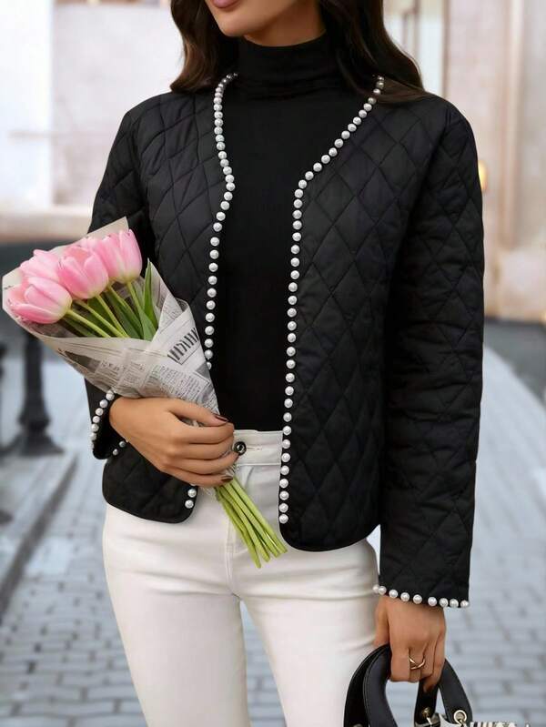 Women's Beading Technique, Pearl Door Tube Decoration Button Front Quilted Puffy Coat,Casual Long Sleeve Insulated Coat For Fall & Winter, Winter Coat For Women