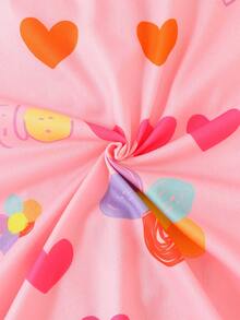 2pcs/Set Girls & Teens Casual Cartoon Heart & Flower Print Lapel Long Sleeve Cardigan And Pants Pajama Set, Flame Retardant, Suitable For Christmas & All Seasons - Pink - View 7