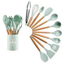 12件套多功能木柄硅胶烹饪用具套装，耐热汤勺，带刮刀的烘焙铲，意大利面叉，储物罐 - 彩色 - 查看 8