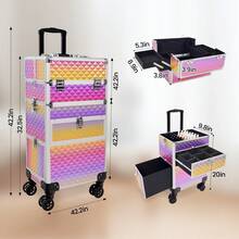 Professional Rolling Salon Makeup Train Case With Drawers, Large Cosmetic Trolley With Locks, Cosmetics Storage Organizer Make Up Case For Salon, Travel Makeup/Nail Art/Hair Styling, Gradual Purple - Gradient Purple - View 10